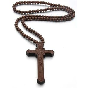 Kruis Jezus houten ketting hanger voor mannen vrouw houten kralen gesneden lange rozenkrans katholieke kettingen mannelijke sieraden