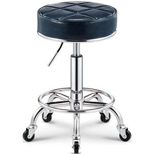 FXLUHAY PU lederen draaibare massagesalon kruk met voetsteun, ronde rollende kruk schoonheid spa stoel, verstelbare hoogte barkruk voor kappers manicure tattoo kapper kapper Hairdre (blauw)