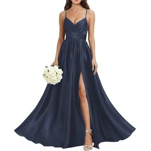 HPPEE Satijnen bruidsmeisjesjurk met V-hals, voor bruiloft, spaghettibandjes, galajurk, lange baljurk, Donkerblauw, 32