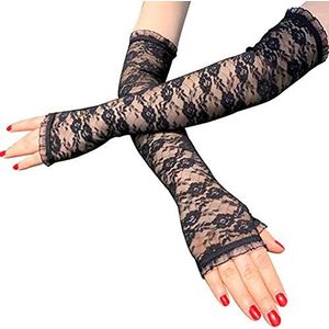 Egurs Kanten lange handschoenen armwarmers vingerloos bloemenpatroon voor opera bruiloft party carnaval dansen, zwart, size free