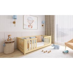 thematys® FERO Montessori Vloerbed 90 x 200 cm, met valbescherming en lattenbodem, kinderbed voor jongens en meisjes, van grenenhout, naturel met matras
