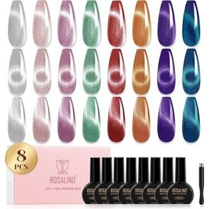 ROSALIND Uv-nagellak kristal Cat Eye, 8 kleuren, magnetisch, zilver, rood, violet, blauw, groen, roze, nagellakset met magneet, uv-led, Cat Eye-effect, gel nagellak voor professionele salon en thuis