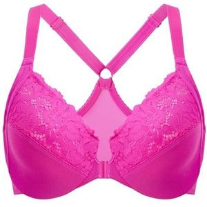 DELIMIRA Damesbeha met voorsluiting, racerback-ontwerp, volledig dekkend model met beugel, uitgevoerd in kant, geschikt voor grote maten, Glitter Roze, 385D