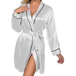 OZLCUA Satijnen gewaad effen satijn sexy nachtgewaad elegante lange mouw V-hals huisgewaad met riem vrouwen nachtkleding badjas, Wit, XL