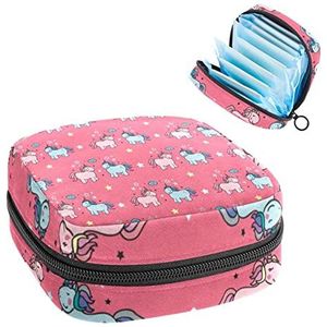 Maandverband Opbergtas,Draagbare maandverband Opbergzak,Roze Blauw Eenhoorns Ster Roze Achtergrond, Meerkleurig, 4.7x6.6x6.6 in/12x17x17 cm