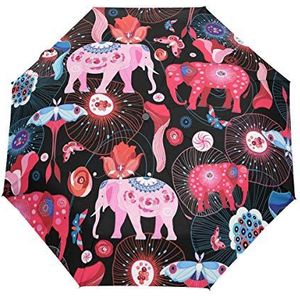RXYY Roze Olifanten Vlinder Bloemenvouwen Auto Open Close Paraplu voor Vrouwen Mannen Jongens Meisjes Winddicht Compact Reizen Lichtgewicht Regen Paraplu
