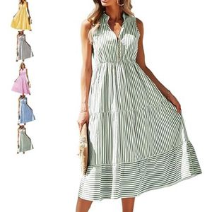 CupitiDU Seer Sucker Jurken voor Vrouwen, Zomer Mouwloos Casual Button Down V-hals Ruches Gestreepte Maxi Shirt Jurk, Groen, XXL