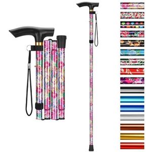 supregear Opvouwbare Wandelstok, Verstelbare Hoogte Uittrekbare Lichtgewicht Draagbaar Wandelstokken met Polsband en T-handvat voor Ouderen, Gehandicapten, Mannen en Vrouwen, Roze Bloemen