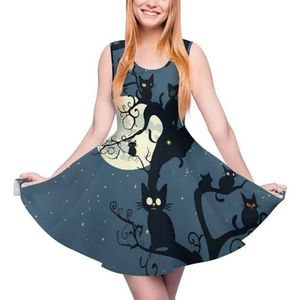 Halloween Zwarte Katten op Boom in Nacht Dames Zomerjurk Ronde Hals Mouwloze Tankjurk Mini Jurk XS