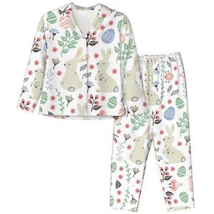 ERhoug Bloemen Konijntjes Vogels Print Womens Pyjama Set Lange Mouw Down Knop, Zachte Pjs Voor Nachtkleding En Lounge Wear, Zwart, S