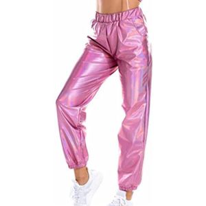 Vrouwen glanzende broek losse holografische kleding zilveren broek dance hiphop punk broek joggingbroek streetwear-Pink Pants,2XL