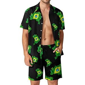 Aquarel Braziliaanse Vlag Kaart Mannen Hawaiiaanse Bijpassende Set 2 Stuk Outfits Button Down Shirts En Shorts Voor Strand Vakantie