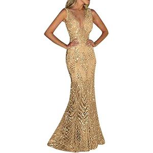 HaicoM Effen kleur Bodycon Vis Staart Jurk Party Avond Maxi Jurk Womens Gouden Prom Jurk Bling Pailletten Dames Lange Mouwloze Formele Slijtage Jurken Vrouwen Kant Borduurwerk Mode Jurk, Goud, L