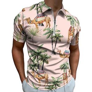 Camel met palmbomen poloshirt voor heren, casual T-shirts met ritssluiting en kraag, golftops, slim fit