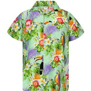 Funky Hawaiiaans Overhemd, Hawaii-Overhemd, Korte Mouw, Parrot Cockatoo, Muntgroen, 3XL