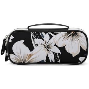 DWTJKMS Zwart En Wit Hawaiiaanse Bloemen Lederen Make-up Tas Draagbare Kleine Cosmetische Organizer Waterdichte Toilettas Borstels Potloden En Reizen Make Up Accessoires