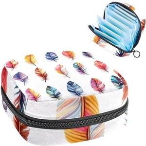 Draagbare maandverband opbergtas, menstruatiecup zakje vrouwelijke menstruatie pads tas voor tienermeisjes, tampons eerste menstruatie kit, kleurrijke vogelveren
