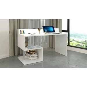 Dmora Alain Lineair bureau met planken en ledlampen, multifunctioneel bureau met opzetstuk, 140 x 60 x 93 cm, wit