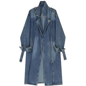 Dvbfufv Denim trenchcoat voor dames, gesplitste ritsen, lange mouwen, riem, denim, windjack, herfst, losse jas, Blauw, S