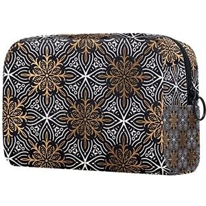 Gouden & Zilveren Mandala Bloemenprint Reizen Cosmetische Tas voor Vrouwen en Meisjes, Kleine Make-up Tas Rits Pouch Toilettas Organizer, Color1, 18.5x7.5x13cm/7.3x3x5.1in, Mode