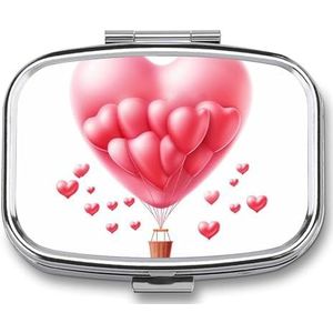 Hartvormige Ballon Gedrukt Draagbare Pillencontainer Reizen Pillen Gevallen met Spiegel 2 Compartiment Geneeskunde Doos Decoratieve Metalen Geneeskunde voor Pocket Purse Reizen Dagelijks