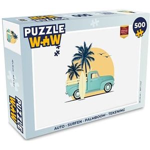 Puzzel Auto - Surfen - Palmboom - Tekening - Legpuzzel - Puzzel 500 stukjes - legpuzzel voor volwassenen - Jigsaw puzzel 48x34 cm
