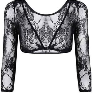 EMOTTOS Vrouwen Kanten Shrug Top, Open Front V Neck Cropped Top, Sheer Mesh Lace Bolero Shrug met Haak-oog Sluiting, Geborduurde Bloemen Bruiloft Bolero Going Out Party voor Jurk, Zwart, L
