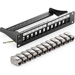deleyCON 12-Poorts CAT 7 Patchpaneel SET Distributie Paneel Modulair 1 U 10"" Inch Rekinstallatie + 12x CAT 7 Keystone-Modules RJ45 LAN Netwerk 10 Gbit/s 600 MHz Installatiekabel Zwart