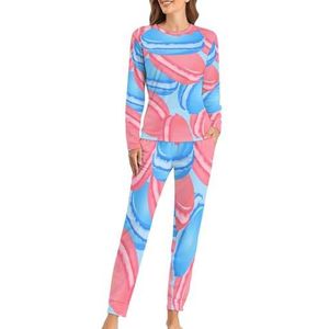 Leuke Roze En Blauwe Macarons Zachte Dames Pyjama Lange Mouw Warm Fit Pyjama Loungewear Sets met Zakken 2XL