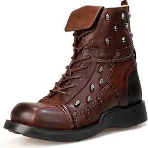 Men's Leather Warm Work Boots, Retro Gothic Skull Punk Ankle Boots, Mid-calf Casual Motorcycle Desert Boots (Color : Brown, Size : 42 EU)