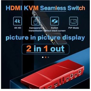 2x1 PIP Multiviewer Auto USB 2.0 KVM-switch met afstandsbediening 4K30Hz Switcher 2 laptops delen 1 monitor Uitgebreide compatibiliteit(Rosso)