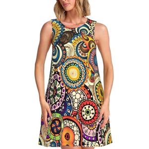 CKGODGF Etnische cirkels bloemenpatroon print charmante dames mouwloze knielange jurk met zakken voor feesten en vakanties, Zwart, S