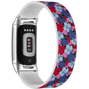 RYANUKA Solo Loop band compatibel met Fitbit Charge 5 / Fitbit Charge 6 (Hibiscus Flowers Buds Retro) rekbare siliconen band band accessoire, Siliconen, Geen edelsteen