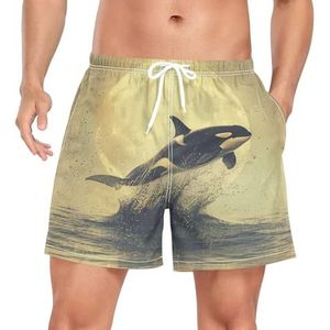Niigeu Vintage Moon Dolphin Fish Zwembroek voor heren, sneldrogend, met zakken, Leuke mode, S
