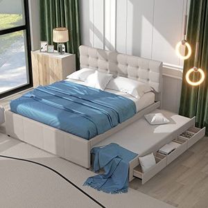 Moimhear Gestoffeerd bed, 140 x 200 cm tweepersoonsbed, familiebed, echtbed met drie laden, uittrekbaar bed, verstelbaar hoofdeinde (beige)