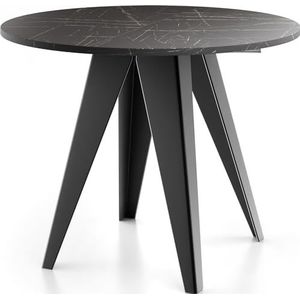 WFL GROUP Glory Eettafel in industriële stijl, modern, rond, uittrekbaar van 90 cm tot 130 cm, met gepoedercoate metalen poten, tafel voor kleine keuken, kleur zwart marmer, 90 cm