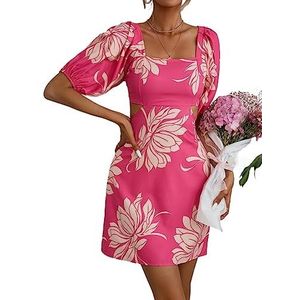 jurken voor dames Jurk met vierkante hals en pofmouwen met bloemenprint (Color : Hot Pink, Size : Small)