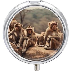 Aap zittend op steen pillendoosje waterdicht draagbaar medicijnpillendoosje vochtbestendig metalen pillendoosje met 3 compartimenten medicijnkoffer