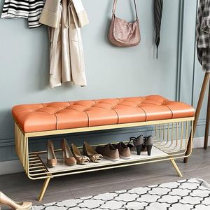 JAVPTAV Premium metalen schoenenrek voor entree, schoenenorganizer, moderne verandabank, einde van bedopbergbank, schoenenbank voor hal met PU-lederen zitting (oranje, 80x35x45cm)