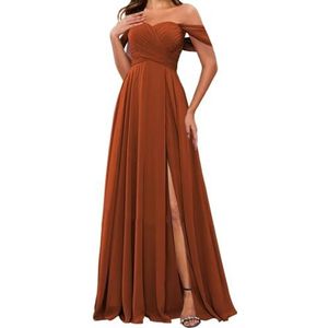 HPPEE Off-shoulder chiffon bruidsmeisjesjurken met split voor vrouwen mouwloze strapless avond formele jurk, Verbrand Oranje, 32