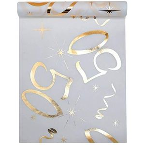 Tafelloper, wit, goud, 50 jaar, 30 cm x 5 m, kunststof, tafelkleed met banner, decoratief lint