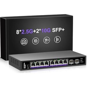 10 poorten 2,5 Gb Unmanaged Ethernet-switch met 8* 2.5G Base-T poorten + 2* 10G SFP+ poorten. NICGIGA 8 poorten 2.5Gbps netwerk switch voor 2.5 Gbps NAS/PC, WiFi6-router, draadloze AP. Ventilatorloos