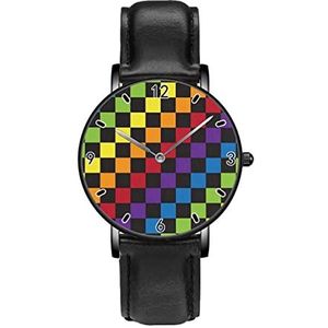 Vierkanten Multi Geruit Geometrische Regenboog Klassieke Patroon Horloges Persoonlijkheid Business Casual Horloges Mannen Vrouwen Quartz Analoge Horloges, Zwart
