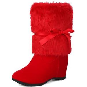 WDUDSUDUW Kerstlaarzen voor dames, suède dikke hak, platform, kort pluche, strik, ritssluiting aan de zijkant., B Rood, 40.5 EU