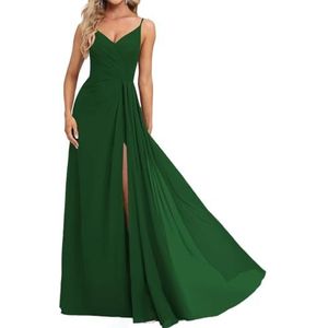 Prinses Bruidsmeisjes Jurken Spaghetti Bandjes Galajurken Chiffon Formele Avondfeest Maxi Jurk met Split ZM210, Emerald Groen, 32