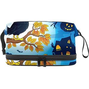 Grote capaciteit reizen cosmetische tas,Leuke Halloween kraai met heksenhoed pompoen, make-up tas, waterdichte make-up tas organisator, Meerkleurig, 27x15x14 cm/10.6x5.9x5.5 in
