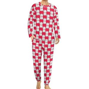 Japanse Maneki-neko Kat Comfortabele Heren Pyjama Set Ronde Hals Lange Mouw Loungewear met Zakken 2XL