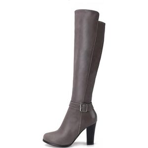 Dames Kniehoge Laarzen Winterlaarzen Met Lange Schacht Met Gesp Pluche Gevoerde Warme Snowboots PU-leer Hoge Laarzen Met Blokhak Damesschoenen Met Plateauzool for Buiten, Feest (Color : Gray, Size :