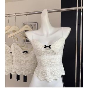 Meisje eenvoudige witte crop top mode off-shoulder casual zoete strik vest kant feest prom hemdje esthetiek (Kleur : White, Size : S)