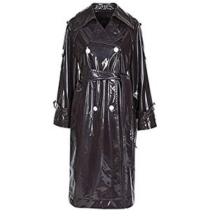 Lange Waterdichte Zwarte Lakleer Trenchcoat Voor Vrouwen Dubbele Breasted Iriserende Oversized Lederen Jas, Zwart, XL